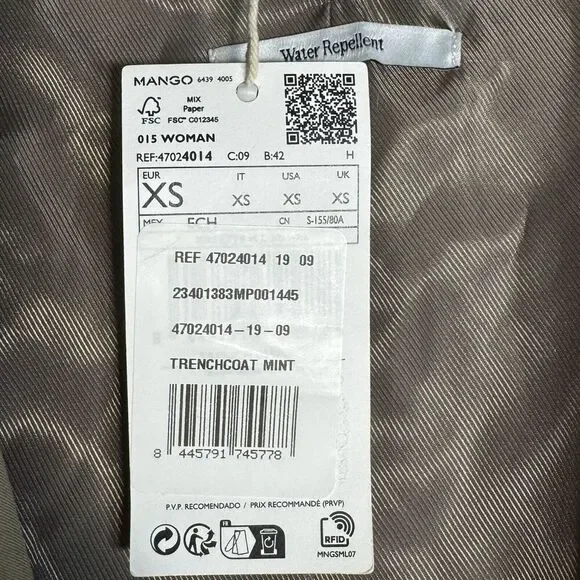 NEW MNG Mango Tie Waist Open Front Trench Coat Water Resistant Women’s XS - Picture 7 of 7